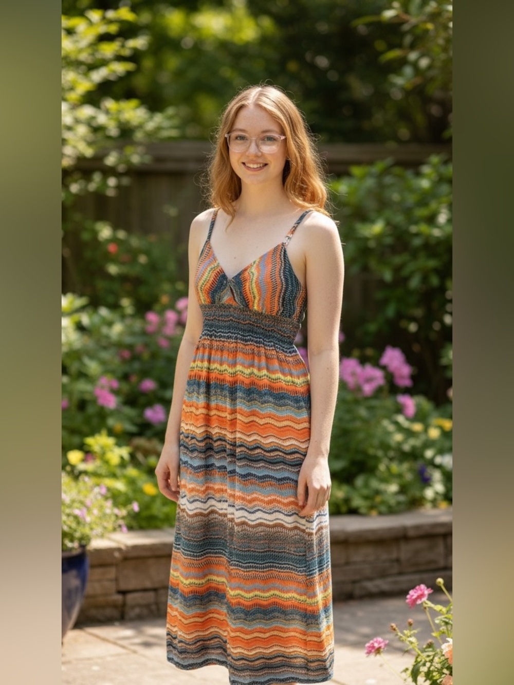 Sleeveless Spaghetti-Strap Maxi Dress in Orange, Blue & White